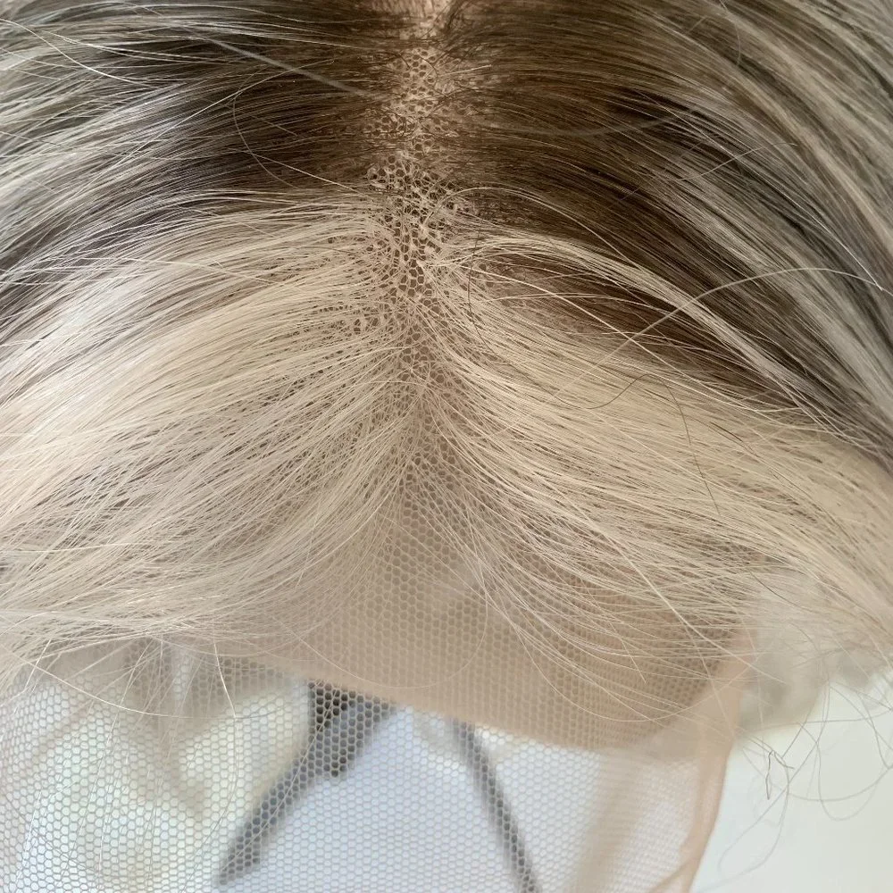 NEW WIG 100% Human Hair Icy Platinum Money Piece & Ashy Blonde Shaded Root